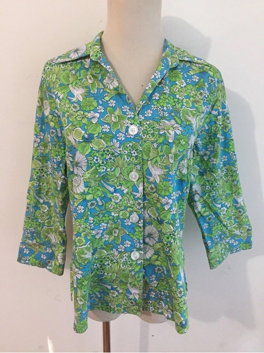 Orvis Size 14 Floral Cotton Button Up Shirt Blue Green Botanical